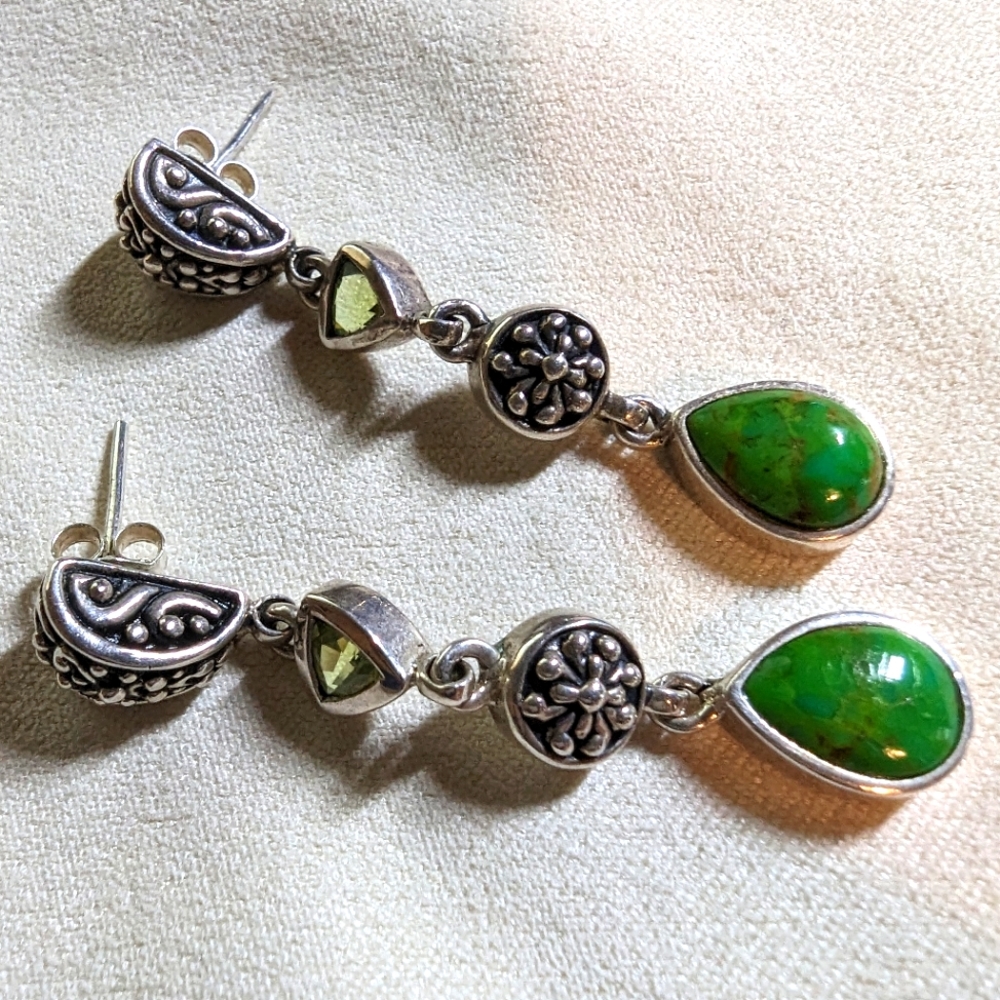 Green turquoise and prasiolite sterling silver earrings